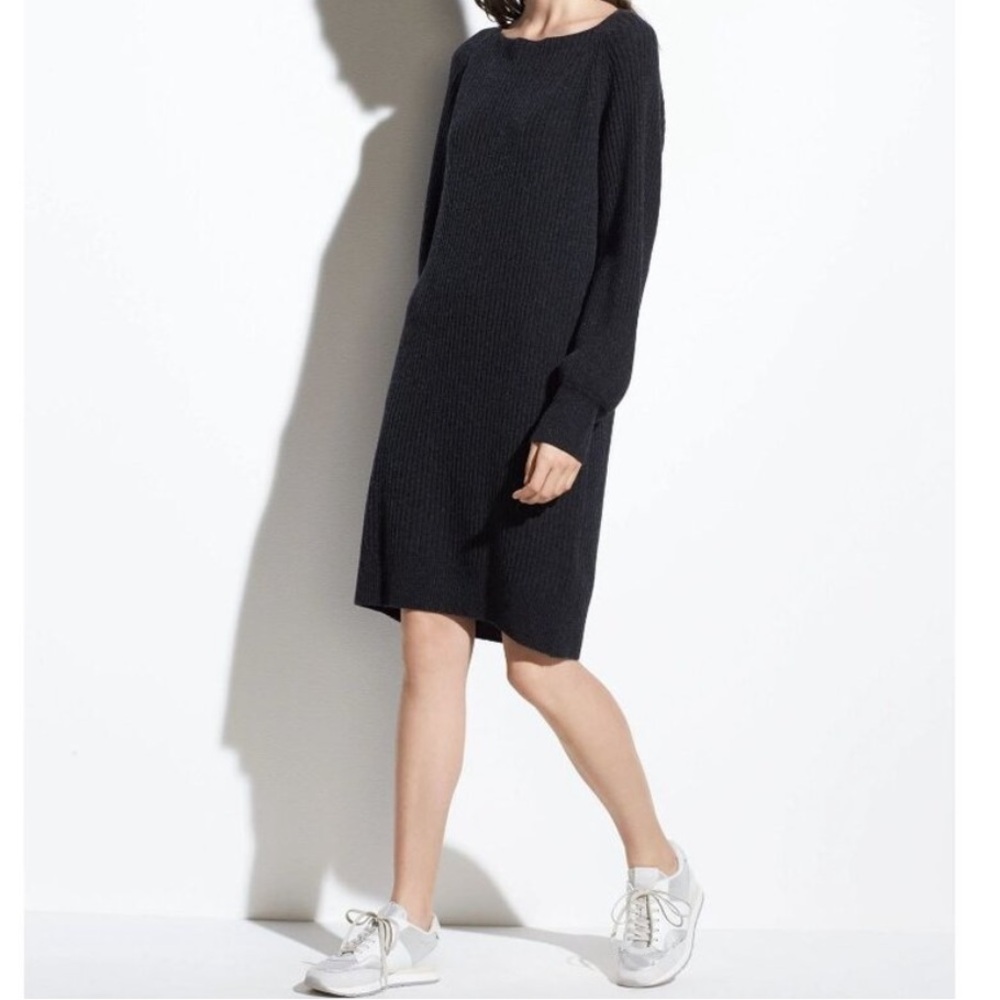 Vince Ribbed Wool Cashmere Shift Dress Heather Carbon Relaxed Fit | M